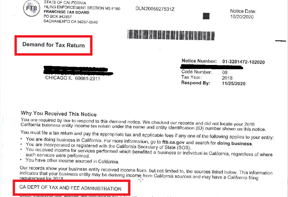 Handling a CA Franchise Tax Board (FTB) Demand Letter for Out of State
