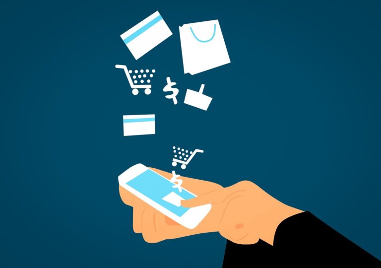 An animated image of a person shopping on Amazon using their mobile device.